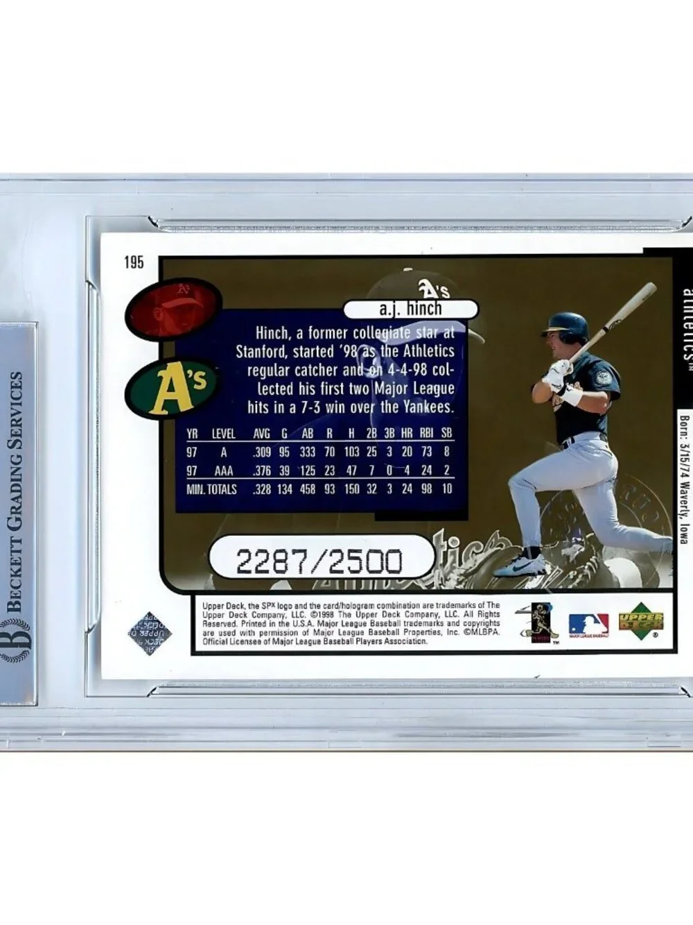 AJ Hinch Signed 1998 SPx Finite #195 A’s Baseball Card BAS Slabbed /2500 Auto